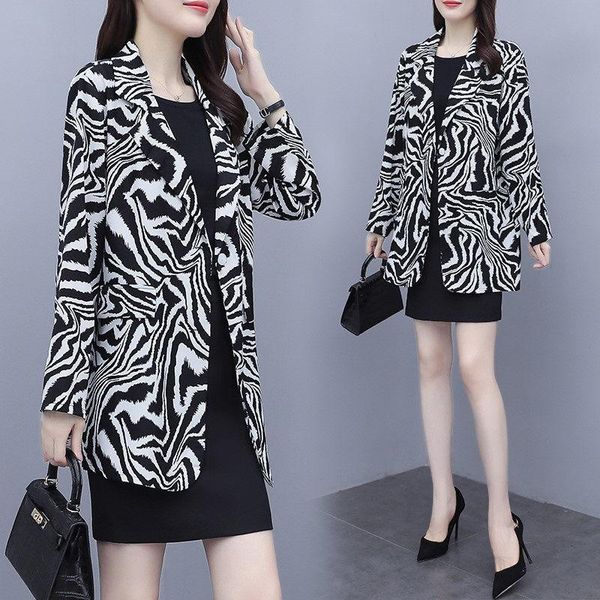 

plus size women's spring 2021 new korean clothing loose mid-length fashionable zebra print blazer jacket one button y1579, White;black