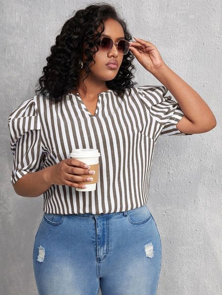 

plus striped puff sleeve v wired blouse r7tq#, Black