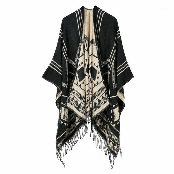 

2020 autumn and winter european and american new women's geometric angle of obliquity split long tassel cashmere cape cape1, Blue;gray