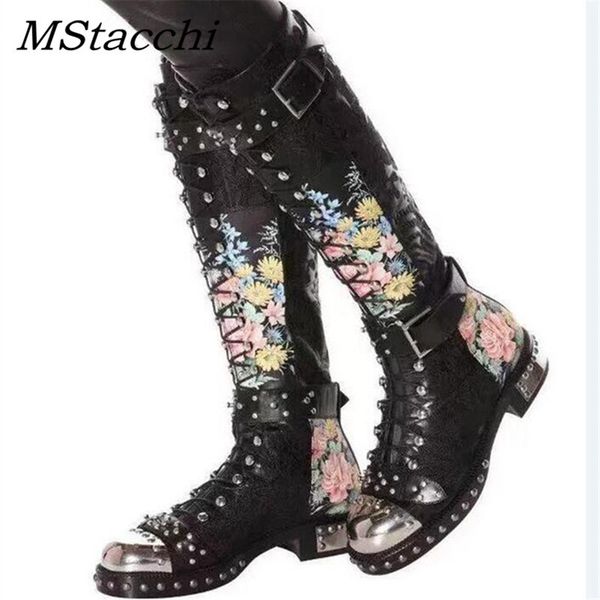 

mstacchi rivets studded buckle knee high boots women embroidered leather print flower flat motorcycle boots winter shoes woman y1221, Black
