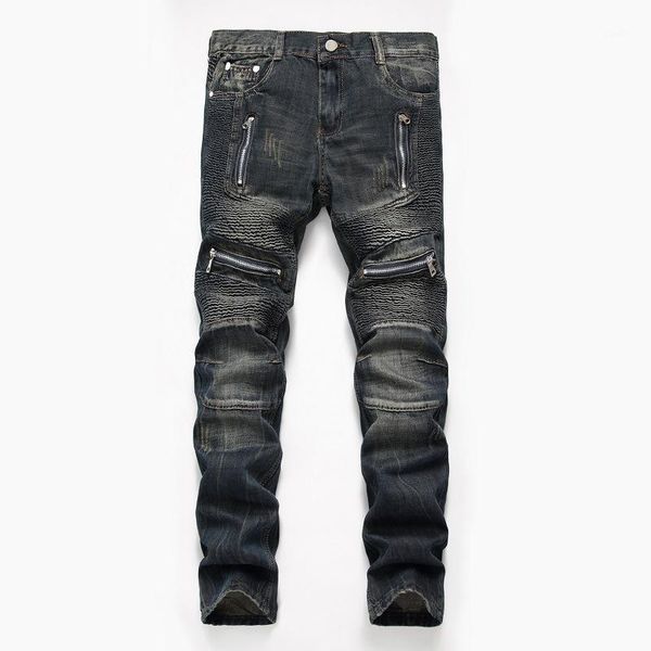 

1j european and american nostalgic motorcycle jeans men's foreign trade original personalized men's fashion pants wholesale1, Blue