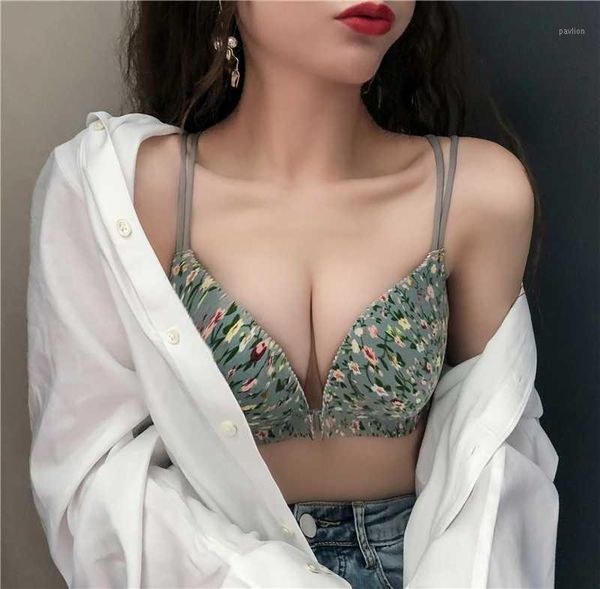 

obrix sweet female plunge bra floral print front closure criss cross back bra for women1, Red;black