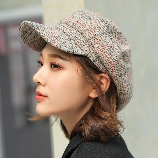

berets winter hats women autumn wool octagonal caps stylish artist painter sboy cap visors fashion black grey plaid, Blue;gray