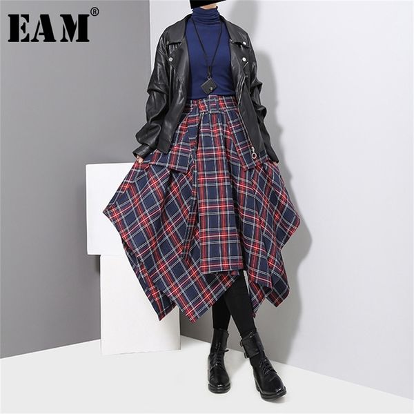 

[eam] 2020 new spring high waist red plaid split joitn loose big hem half-body skirt women fashion tide all-match lj200820, Black