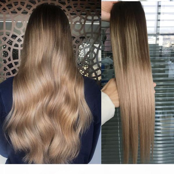 

ombre human hair weft extensions virgin brazilian peruvian malaysian indian straight balayage brown blonde t4 18# ombre hair weave bundles, Black