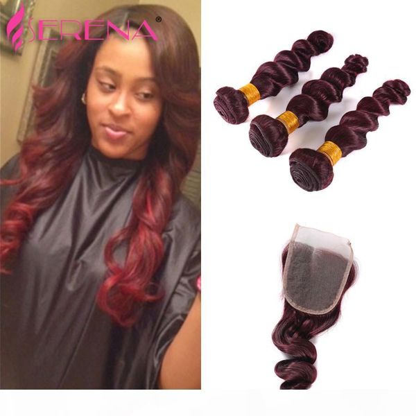 

ombre brazilian loose wave loose curly human virgin hair 99j burgundy red 3 bundles wiith closure human hair weft with closure, Black;brown