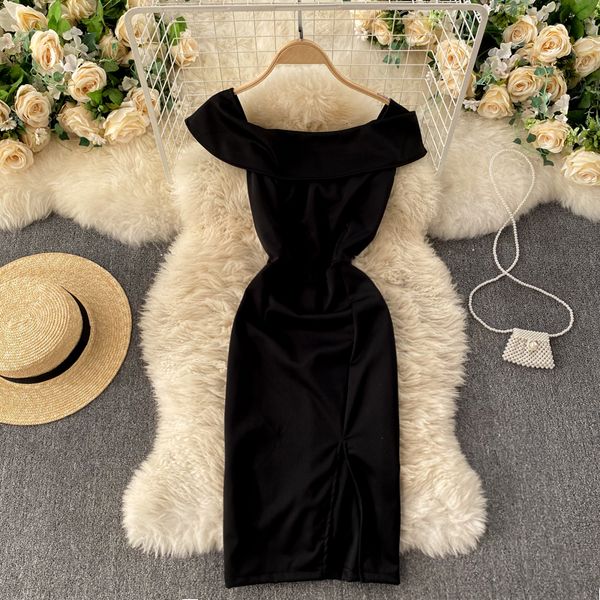 

2021 new women's design stylish solid slash neck thin party dress summer off the shoulder dressed vqru, Black;gray