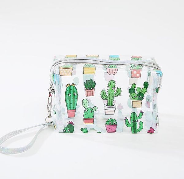 

3pcs women pvc cactus printing transparent zipper cosmetic bag mix color