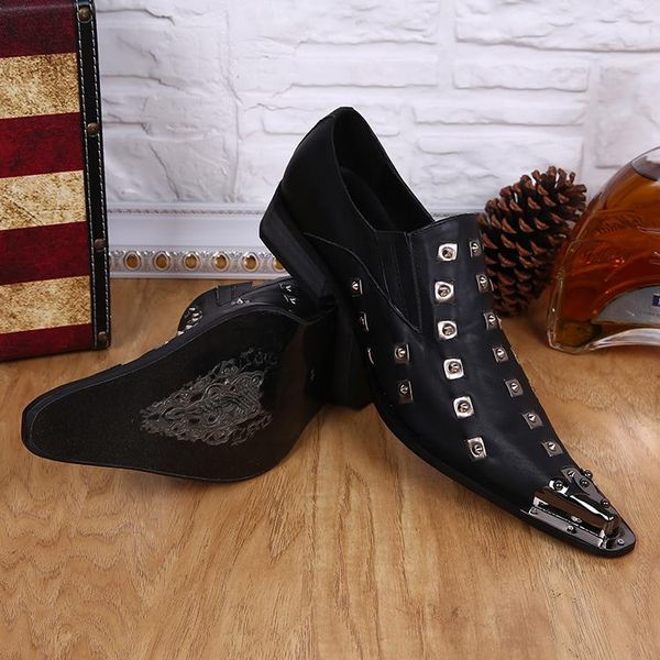 

christia bella new fashion metal pointed toe men party shoes genuine leather rivet man british style shoes plus size male, Black