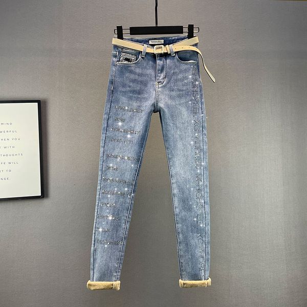 

plush velvet thickening pencil pants women's 20 winter new cotton elastic high waist slim blue drilling jeans trousers