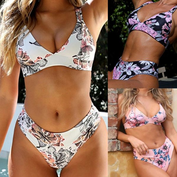

women's bikinis set floral print bandage bikini push-up padded bra swimsuit bathing 2 pieces swimwear high waist, White;black