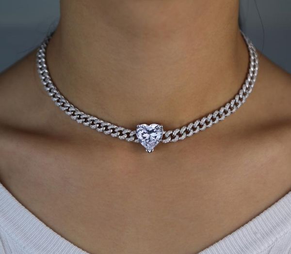 

2020 valentine's gift heart cz miami cuban link chain choker necklace white pink girlfriend lover gift iced out11, Golden;silver