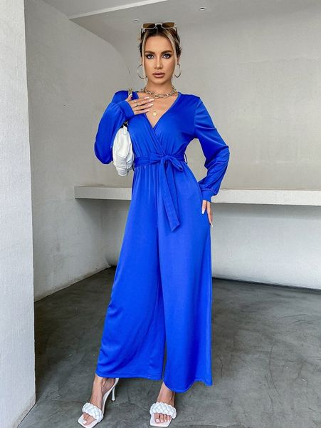 

overlap collar belted wide leg jumpsuit 69y9#, White