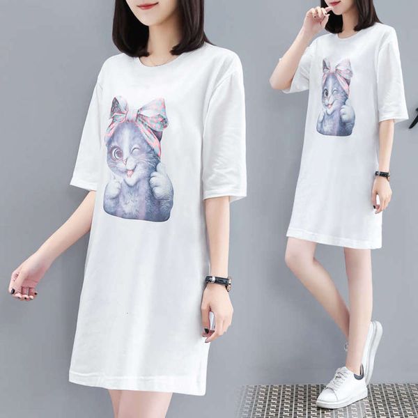 

new summer dress women's korean 2019 medium length loose fashion bf style cat print casual t-shirt skirt, Black;gray