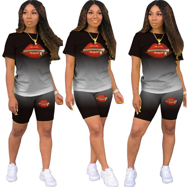 

summer printed womens tracksuits o neck short sleeve slim two piece set for women casual ladies 2pcs outfits, Gray