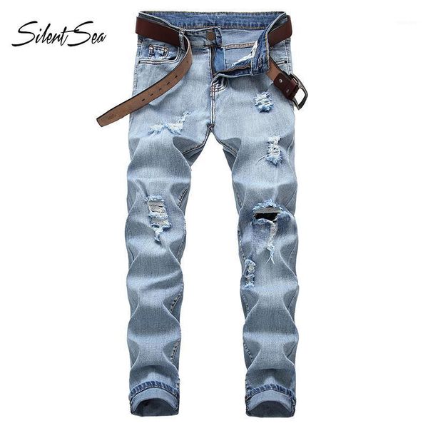 

silentsea men's jeans new summer hole straight long pants male cotton trousers fashion men's hip hop teenager jeans big size1, Blue