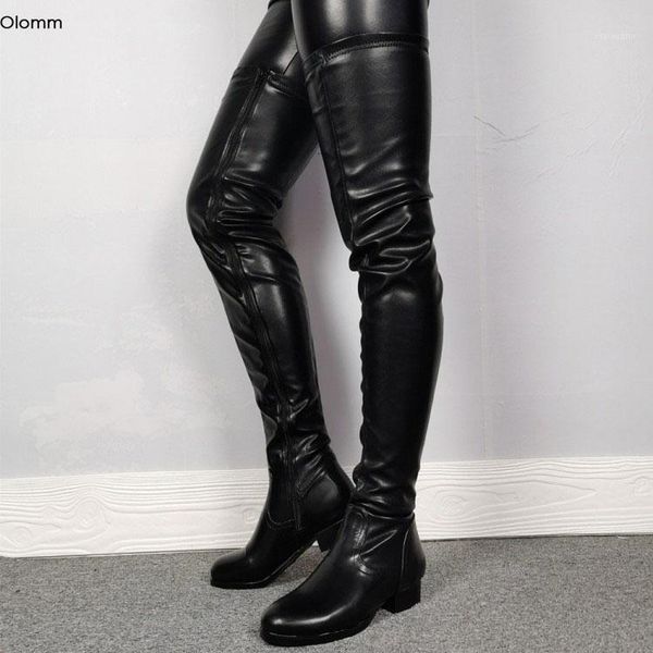 

olomm new 2020 handmade women thigh high boots comfort square med heels boots round toe black casual shoes women plus us 5--151