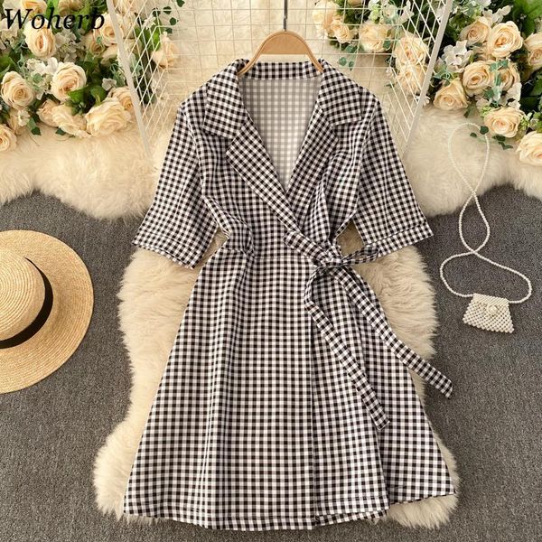 

woherb vintage dresses women korean fashion plaid vestidos mujer notched neck short sleeve lace up slim waist dress woman 94728, White;black
