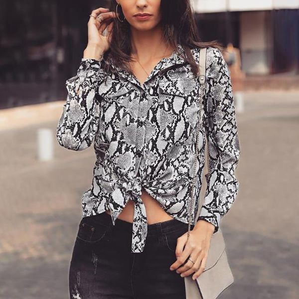 

women snake printed blouse 2020 spring autumn long sleeves turndown collar clothes pocket decoration casual fashion ladies, White