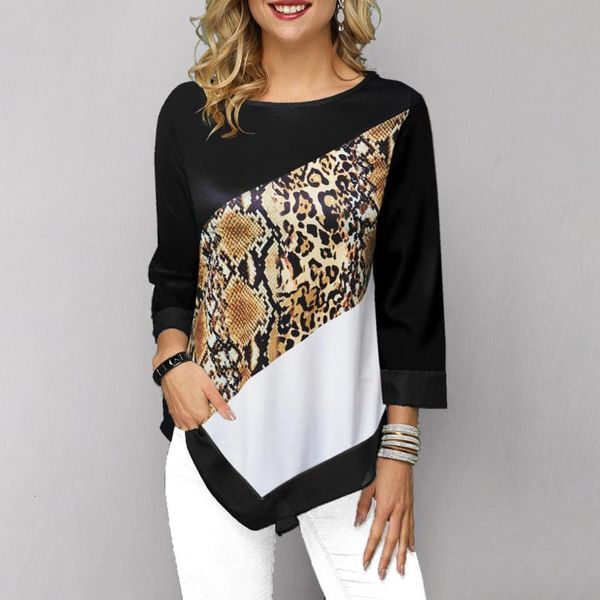 

shirt women spring autumn printing o-neck blouse 3/4 sleeve casual hem irregularity female fashion shirt plus size, White