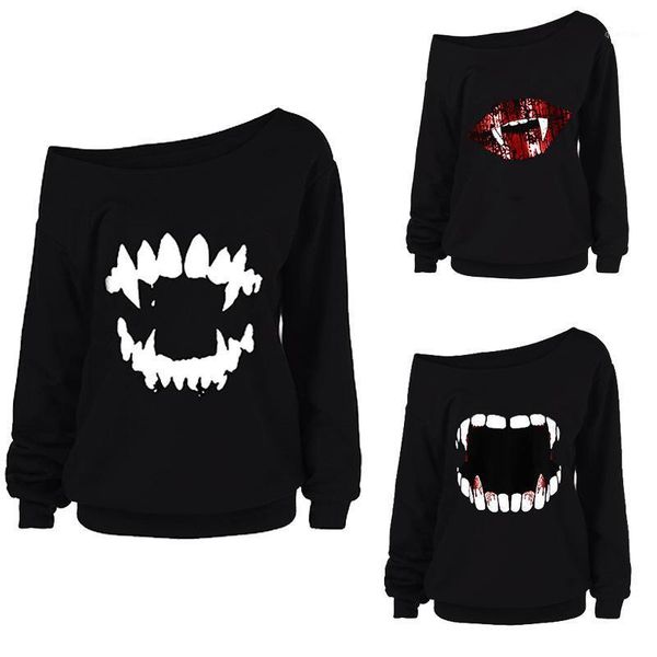 

womens leisure loose oblique printing halloween t-shirt long-sleeve round neck 1, White;black