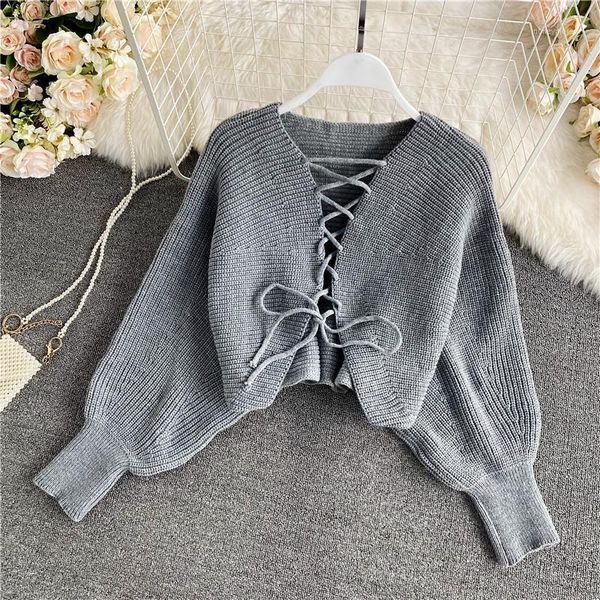 

women's knits & tees 2021 autumn winter v-neck bat-sleeved sweater women's slim cross-tie wide loose outer wear short coat uk5291, White