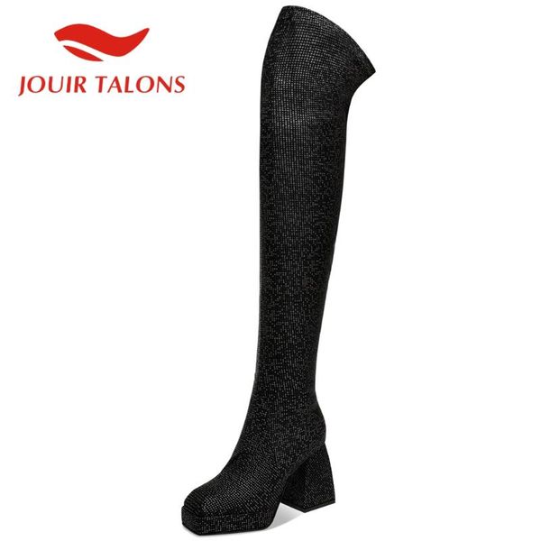

boots jouir talons brand design women's shoes high fashion platform over-the-knee solid hoof heels zip, Black