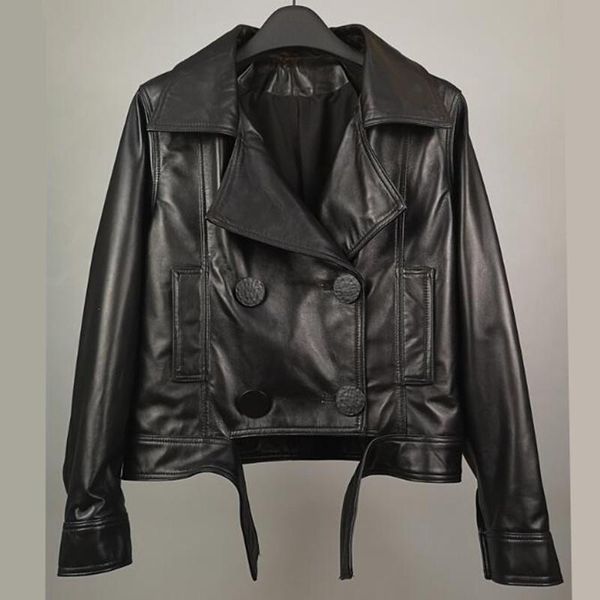 

double breasted genuine leatherjacket women natural real sheepskin ladies coat autumn winter 2021 streetwear basic coat outwear, Black