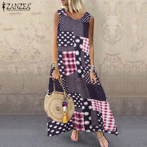 

zanzea summer printed maxi dress women's sundress vintage o neck sleeveless tunic vestidos plus size casual robe femme 5xl y200326, Black;gray