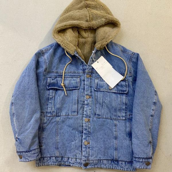 

shang version cashmere lamb wool denim coat men's hooded cotton padded jacket warm coat loose and thick cotton padded, Black;brown