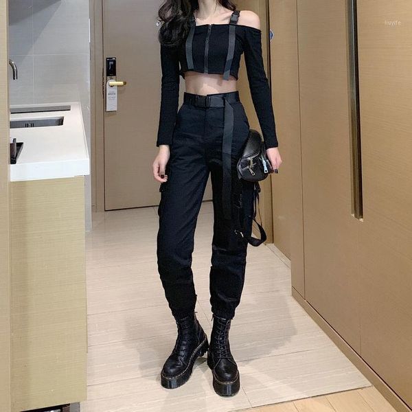 

2020 spring new green women cargo pants high waist zipper workout street fluorescence black pants pockets trousers1, Black;white