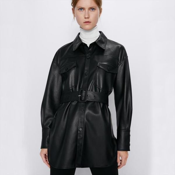 

fandy lokar faux leather coats women fashion slim pu jackets women elegant tie belt waist pockets buttons coats female ladies ip, Black