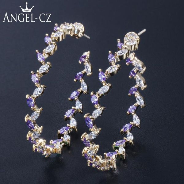 

hoop & huggie angelcz oversize circles round golden earring pave leaf purple crystal white cz fashion 925 silvery pins jewelry ae227, Golden;silver