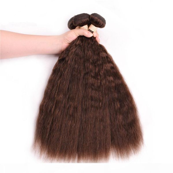 

#4 chocolate brown kinky straight human hair weave bundles 3pcs medium brown indian virgin hair weft extensions coarse yaki hair weaves, Black