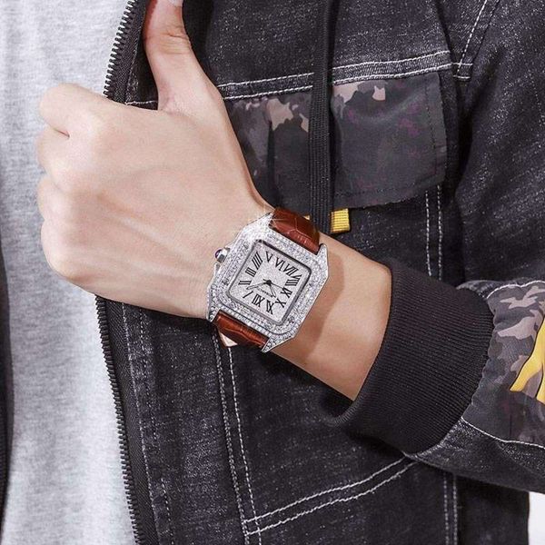 

end men's high luxury diamond inlaid and women's watches square large dial real belt waterproof quartz watch, Slivery;brown