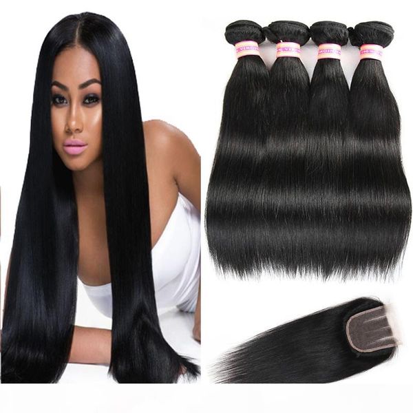 

indian peruvian malaysian brazilian straight virgin hair bundles with closures 9a human hair bundles with closure human hair weave, Black
