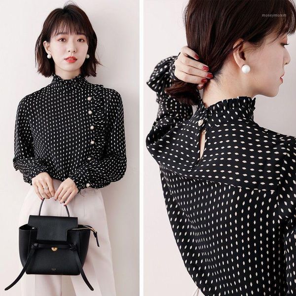 

women's blouses & shirts chiffon shirt 2021 autumn winter women's fashion stand neck long sleeve large size ruffle dot print blous, White