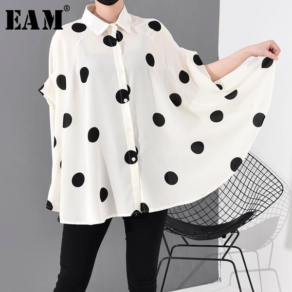 

eam] women dot printed stitch big size blouse new lapel long sleeve loose fit shirt fashion tide spring summer2020 jw5761, White
