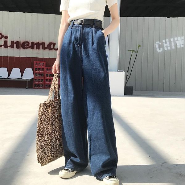 

women's jeans goohojio 2021 full-length pockets demin pants vintage women oversized high waist wide leg straight trousers, Blue
