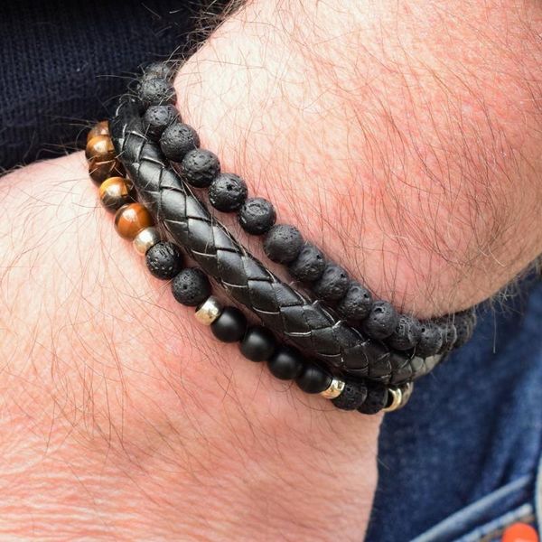 

3pcs/lot charm bracelet new fashion lava & tiger eye bead bracelets & bangles leather men jewelry pulsera erkek bileklik gift, Golden;silver