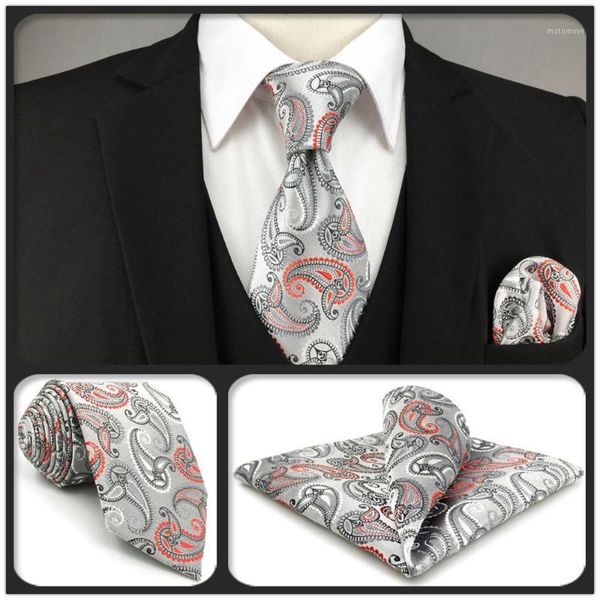 

bow ties f4 silver paisley men necktie set party wedding xl for male fashion silk hanky classic1, Black;gray