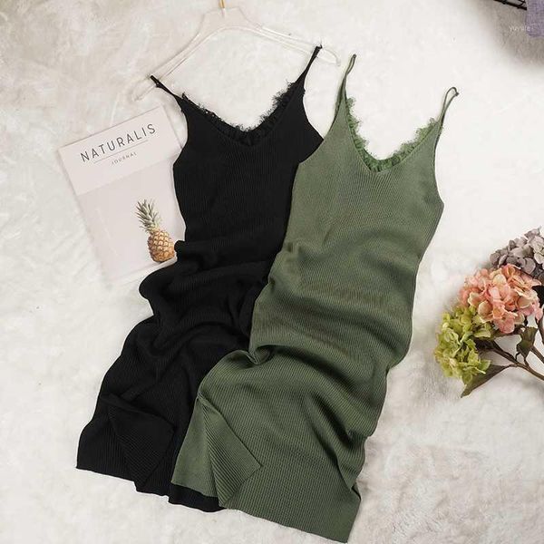 

new women spaghetti strap dresses split v-neck lace patchwork knitted dress ladies sleeveless bodycon tank dress vestidos sf8491, Black;gray