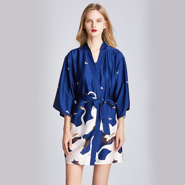 

2021 new plus size summer short kimono for women printing female silk sleepwear long sleeve v neck with sashes homewear a2bk, Black;red