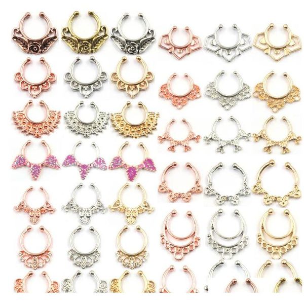 

10pcs mixed 2015 new fake septum clip on fake nose hoop ring fake piercing gold silver body hoop for women septum n0066 blu6r