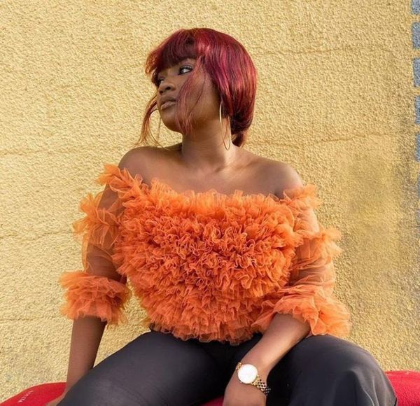 

orange puffy tulle see through sheer off shoulder strapless women plus size tulle blouse custom made, White