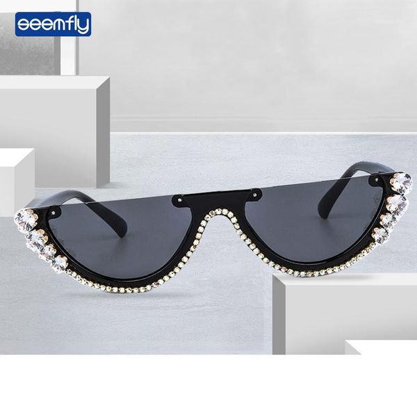 

seemfly 2020 new retro rhinestone half-frame sunglasses female diamond glasses frame cat eye sunshades fashion spectacles unisex1, White;black