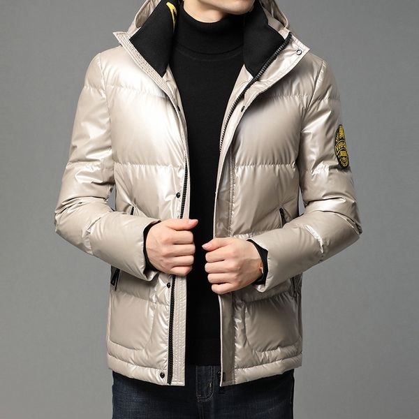 

2020 winter new men's white duck down shiny face down jacket short hooded men's jacket quality assurance, Black
