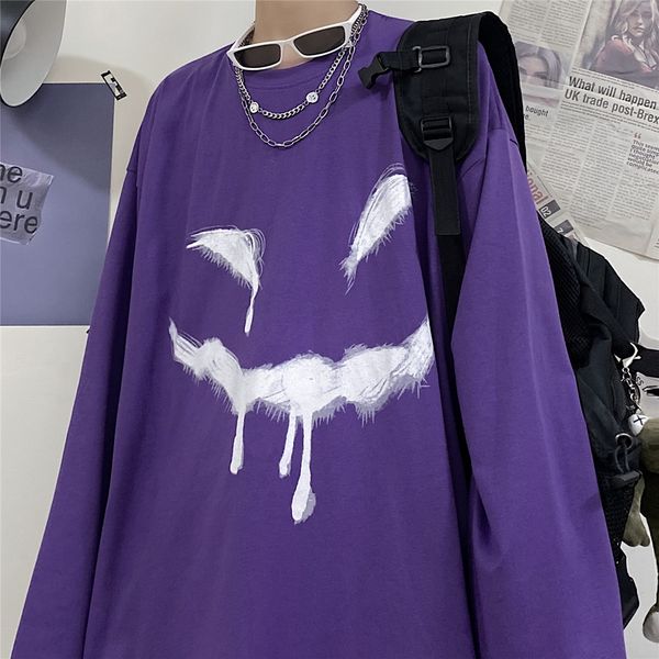 

dark 2021 new mode smiley hip personality spray-painted hand graffiti long male and female t-shirt u9zi, White