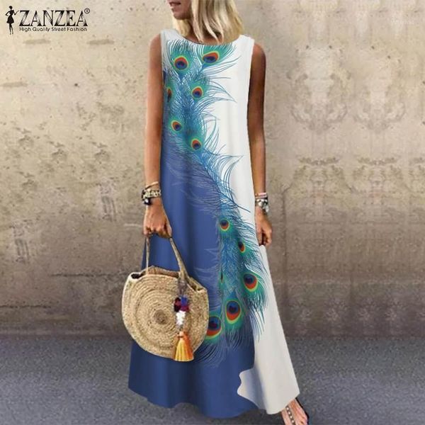 

women casual floral print long maxi dress zanzea summer sleeveless tank dresses vintage printed loose sundress plus size vestido1, Black;gray