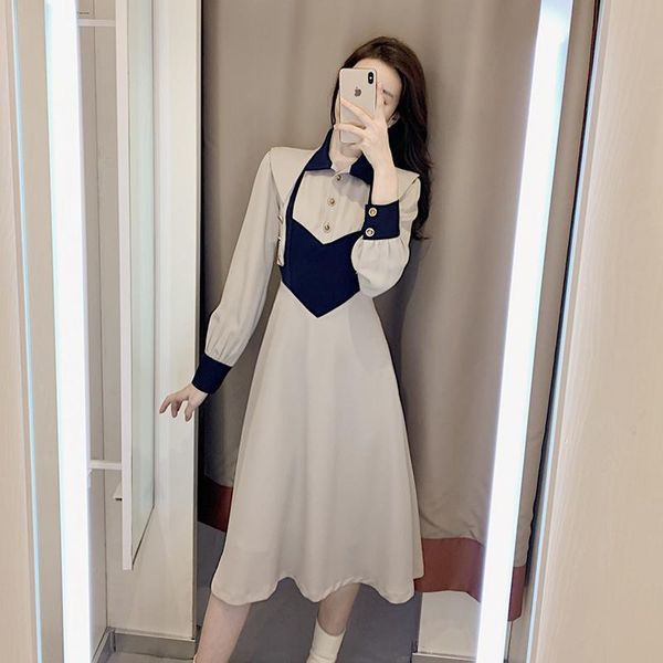 

women 2021 autumn winter patchwork a-line dress female elegant slim midi dresses ladies fashion party vestidos clothing new s996, Black;gray